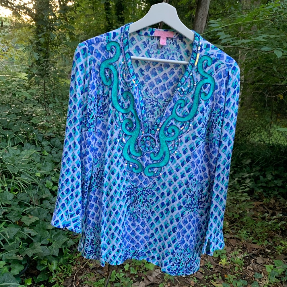 Lilly Pulitzer amelia island beaded tunic XS blue